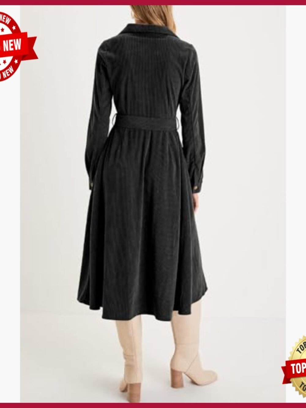 Corduroy Midi Dress with Pockets V Neck Button Down Belted Flowy Long Sleeve - Picture 3 of 6